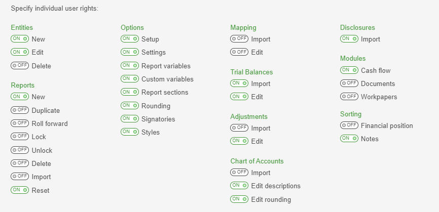 Image shows the User rights screen in the software. Switches have been turned on and off for various user rights settings.